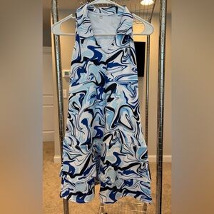 NWT Soneven sleeveless golf tennis dress blue white tiered back skirt size small